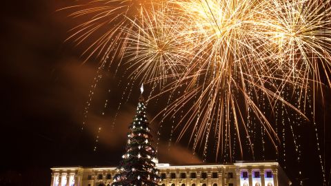 Fireworks go off over central Simferopol, Crimea. 