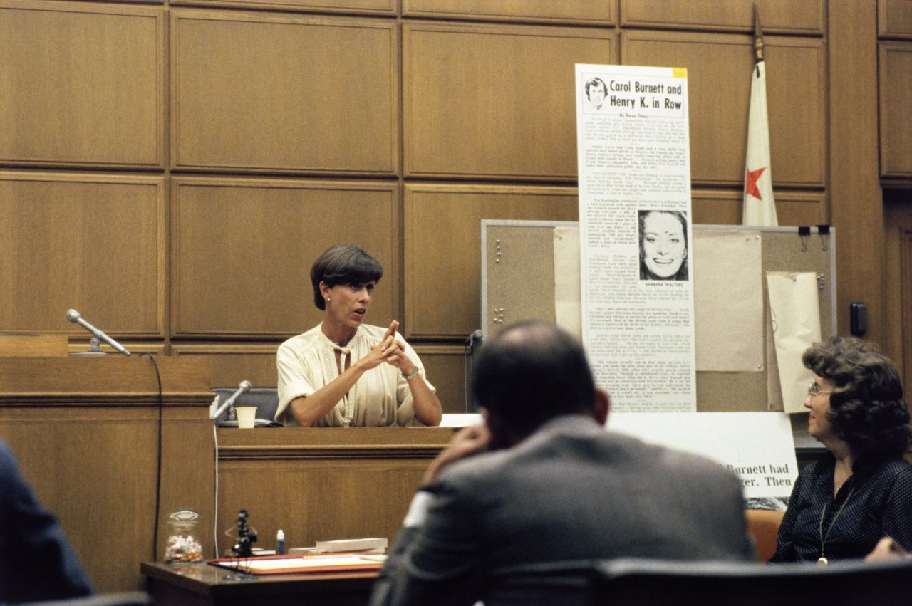Burnett takes the stand in 1981 after suing the National Enquirer for libel. She said the tabloid, in one of its gossip columns, incorrectly implied that she was drunk and had an argument with US Secretary of State Henry Kissinger at a Washington restaurant in 1976. The court ruled in Burnett's favor.