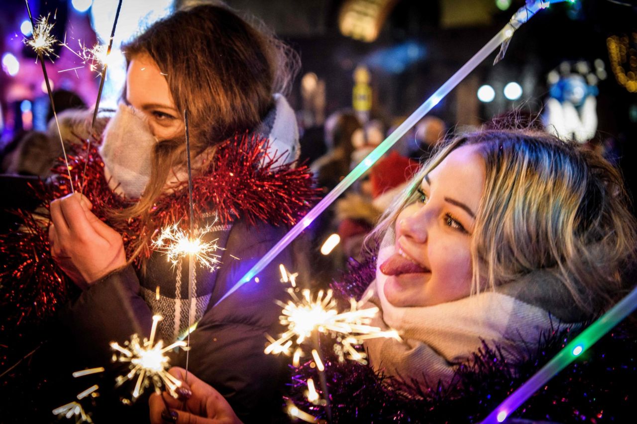Women celebrate 2019 on Tverskaya Street in central Moscow.