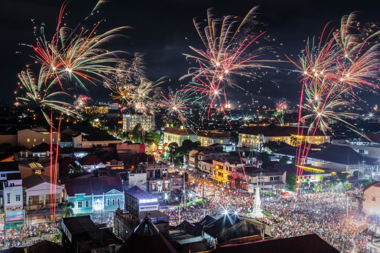 Fireworks illuminate the sky in Yogyakarta, Indonesia.