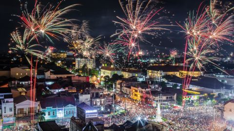 Fireworks illuminate the sky in Yogyakarta, Indonesia.