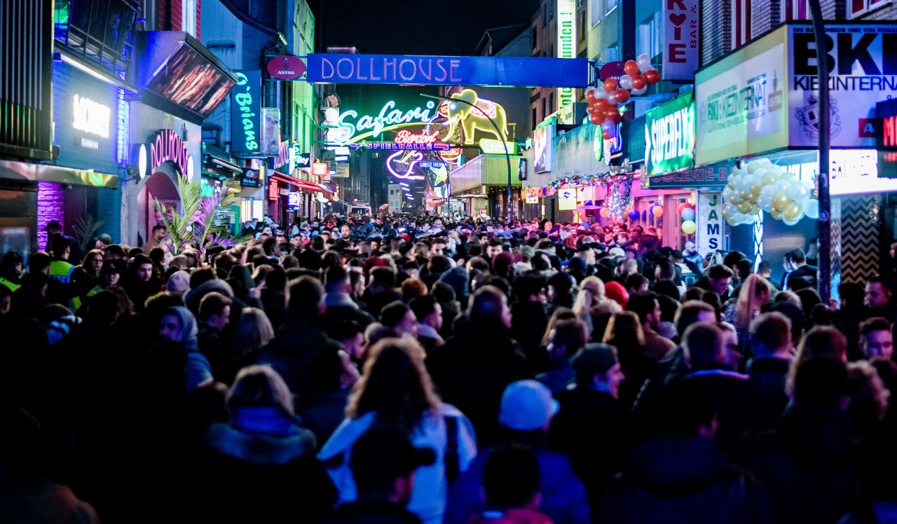 Revelers crowd the streets of Hamburg, Germany.