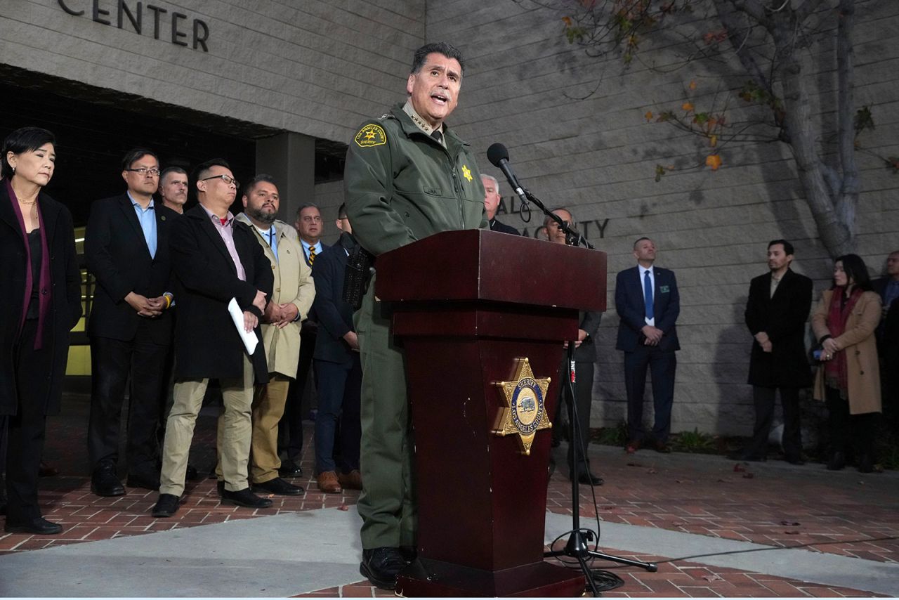 Los Angeles County Sheriff Robert Luna takes questions from the media outside the Civic Center in Monterey Park, California, January 22. 