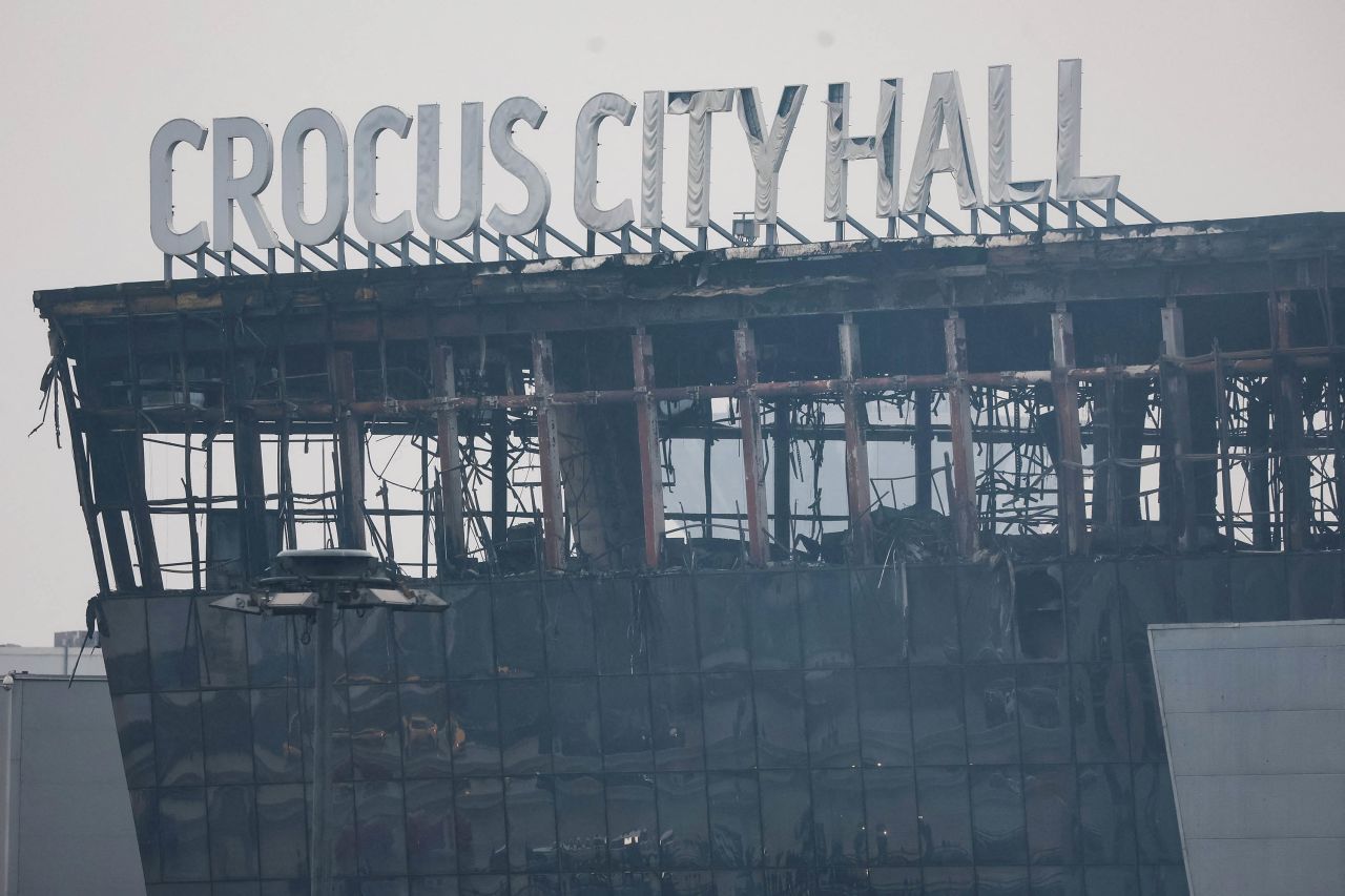 A view shows the burned out Crocus City hall venue, the scene of Friday's attack outside Moscow, on Saturday, March 23.