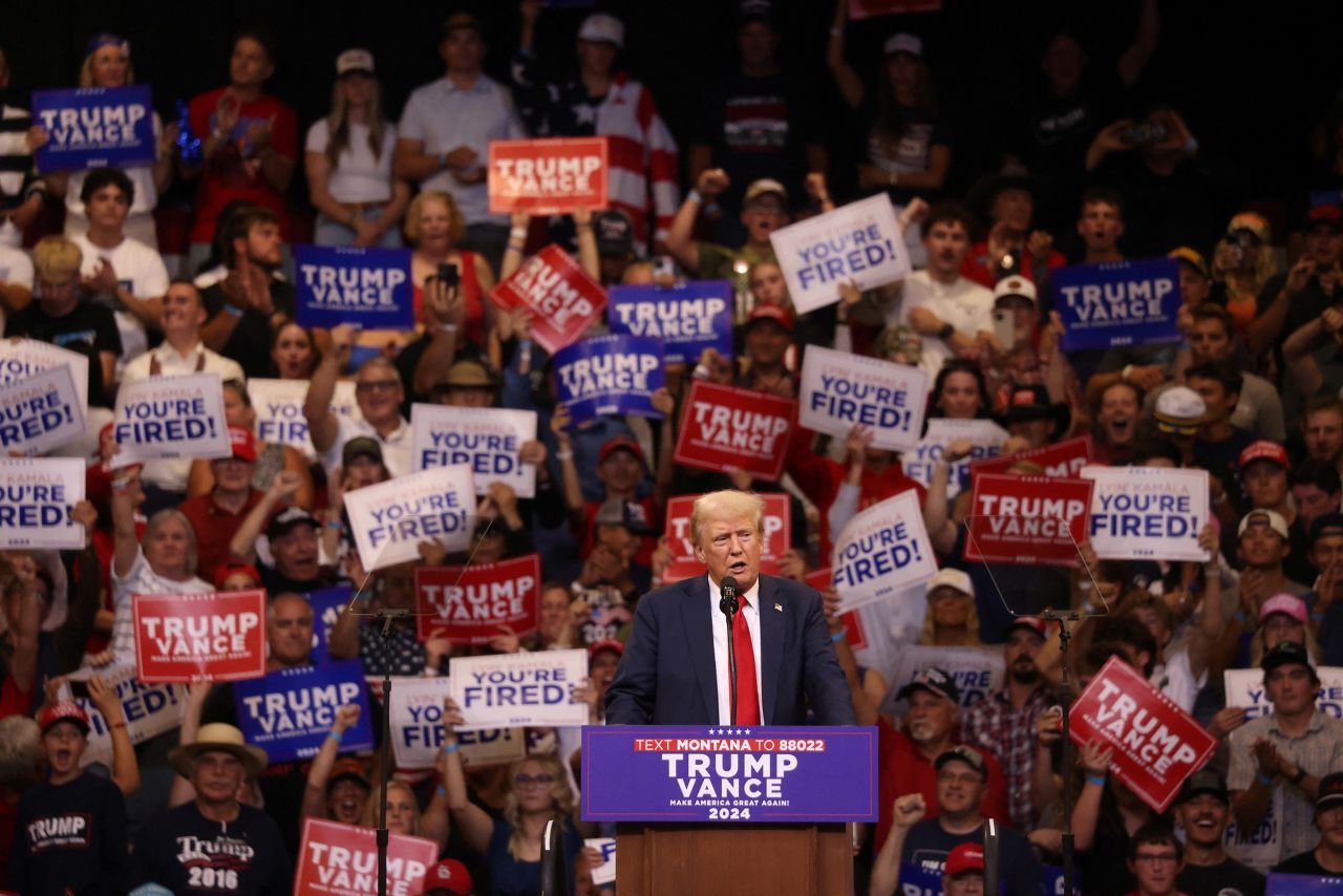 Republican presidential nominee and former President Donald Trump speaks during a campaign rally in Bozeman, Montana, on August 9.