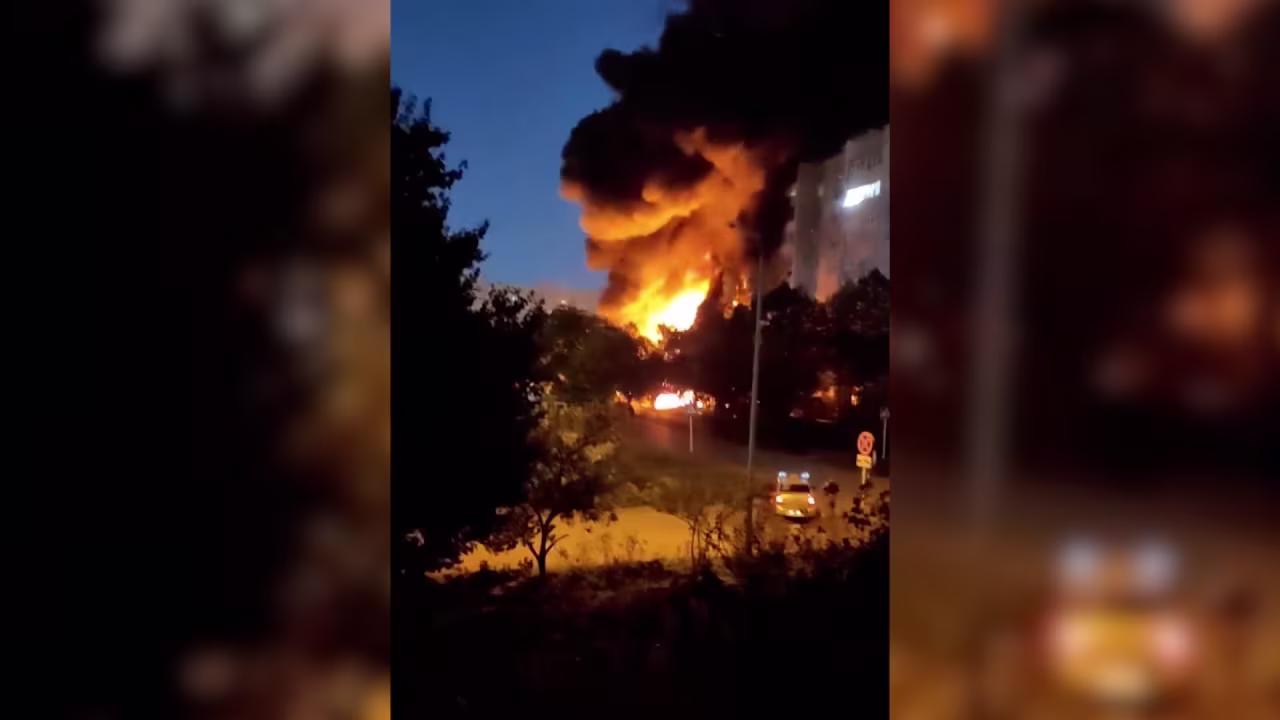 Fire caused by a Russian jet that crashed into a residential building in the city of Yeysk, Russia, on Monday.