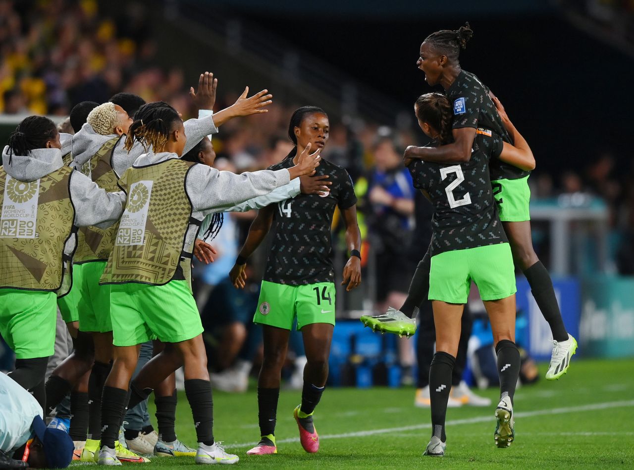 Uchenna Kanu, right, of Nigeria celebrates with teammates after scoring her team's first goal during their match against Australia on July 27, 2023.