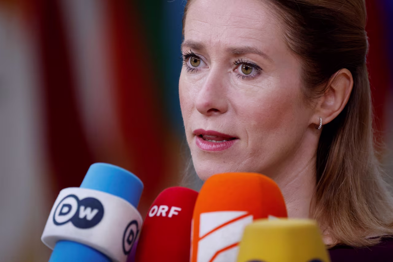 Estonia's Prime Minister Kaja Kallas answers questions at the European Council in Brussels on Friday.
