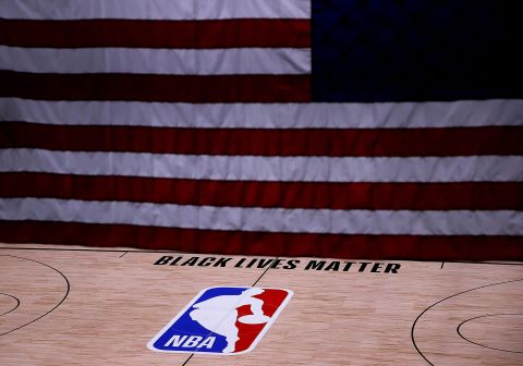 The Black Lives Matter logo is seen on an empty court as all NBA playoff games were postponed today during the 2020 NBA Playoffs at The Field House at ESPN Wide World Of Sports Complex on August 27 in Lake Buena Vista, Florida. 