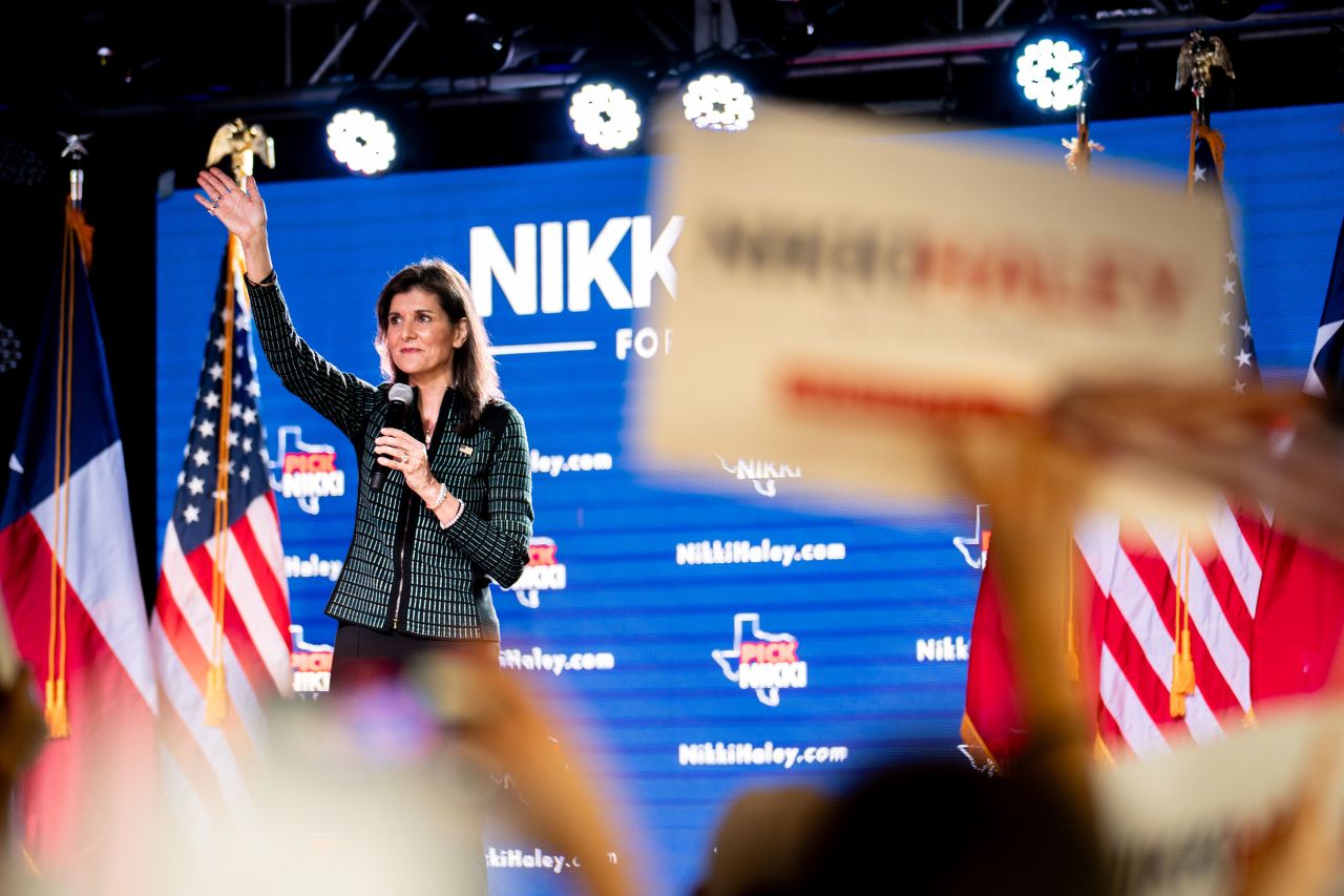 Nikki Haley waves to the crowd at a campaign rally in Spring, Texas, on Monday.