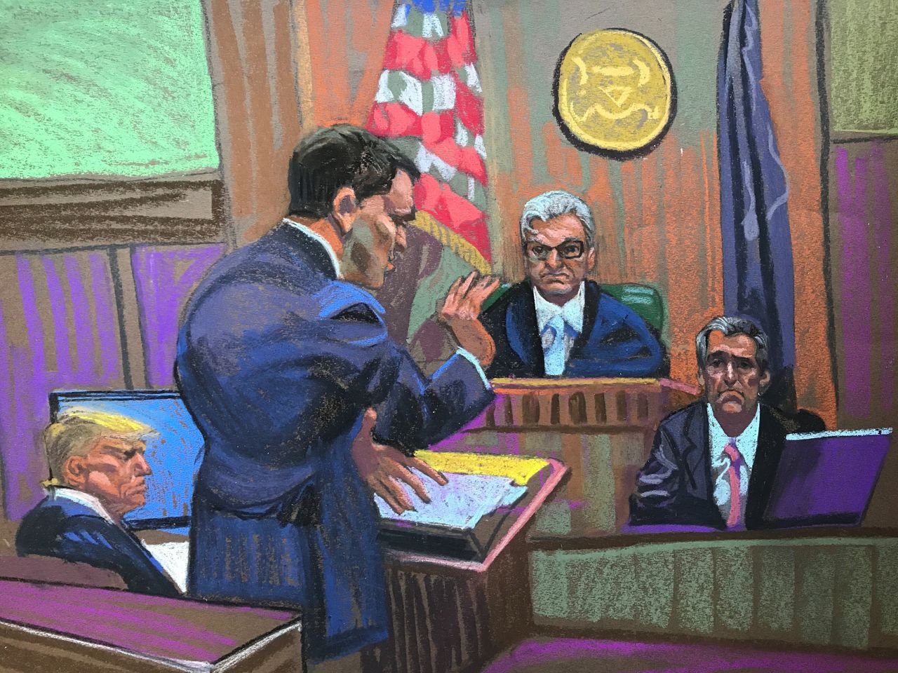 This sketch from court shows attorney Todd Blanche continuing his cross-examination of Michael Cohen on Monday.