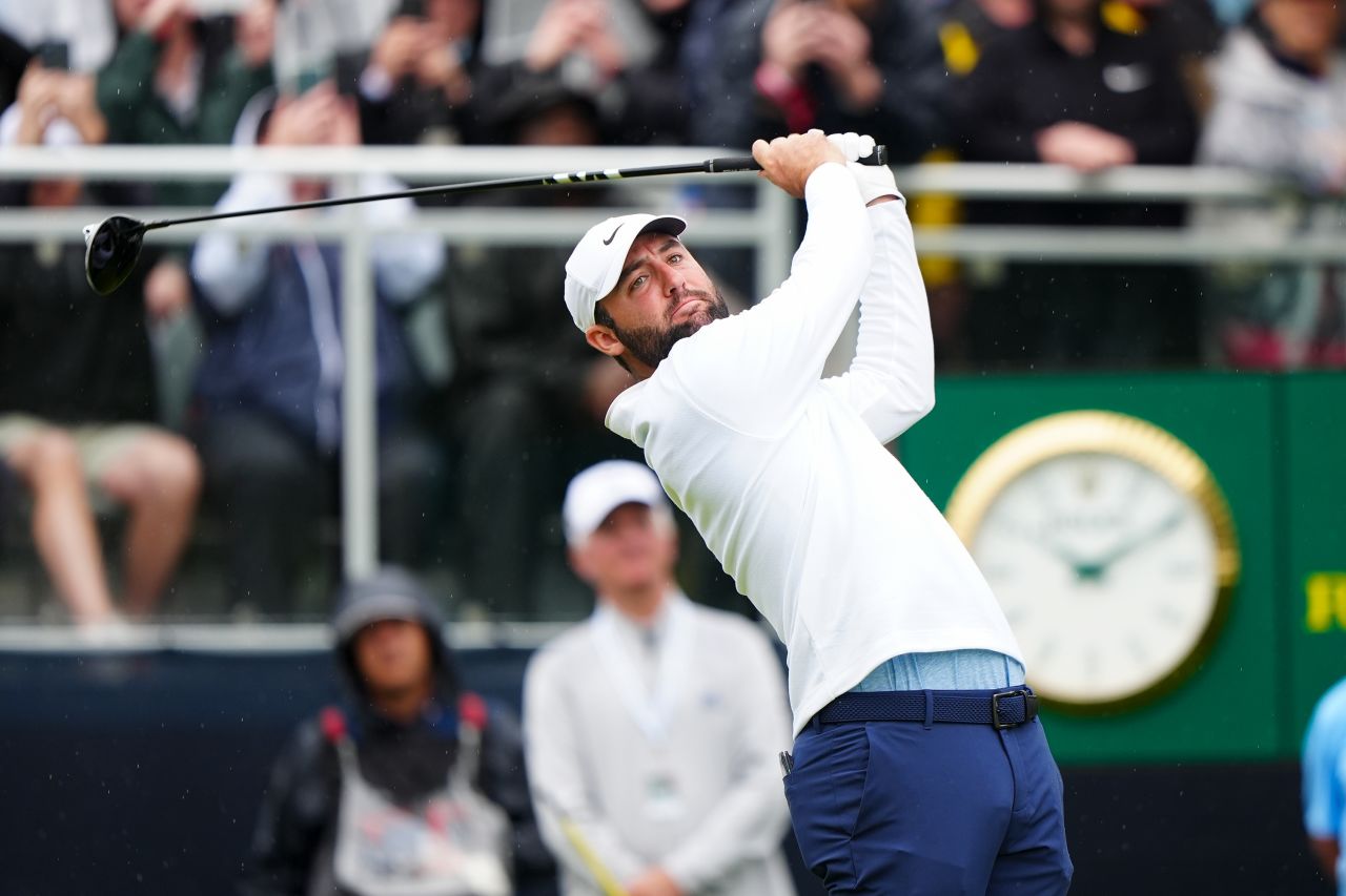 Scottie Scheffler hits his tee shot on the 10th hole at the PGA Championship on Friday, May 17, in Louisville, Kentucky. 