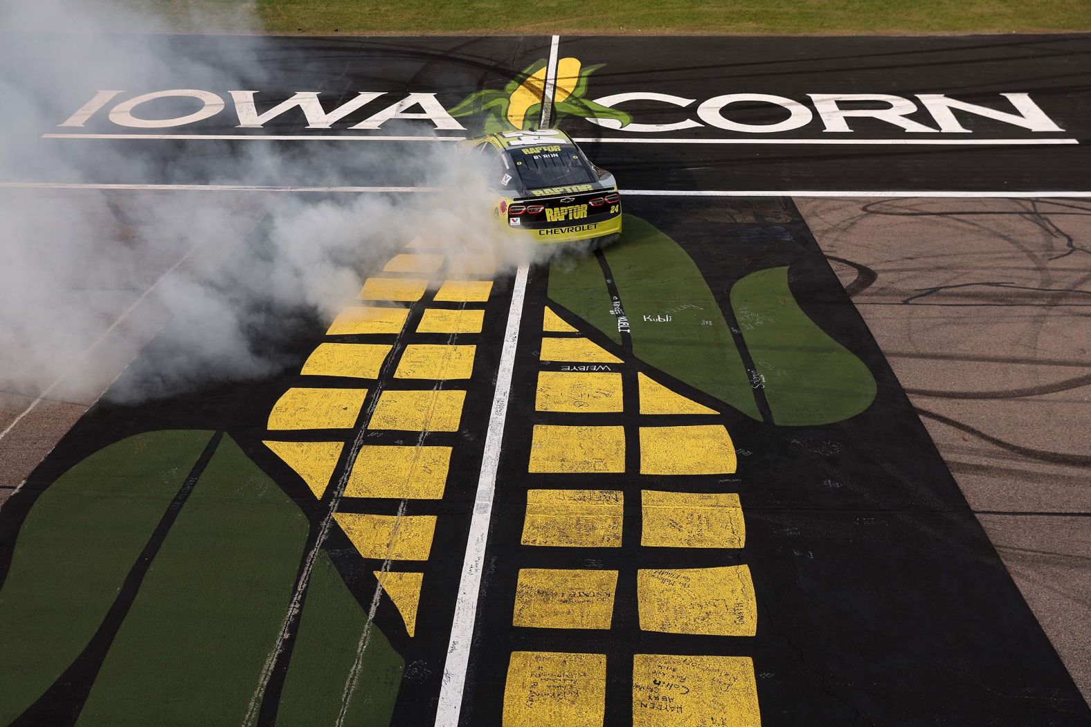 William Byron celebrates with a burnout after winning a NASCAR Cup Series race at the Iowa Speedway in Newton, Iowa, on Sunday, August 3.