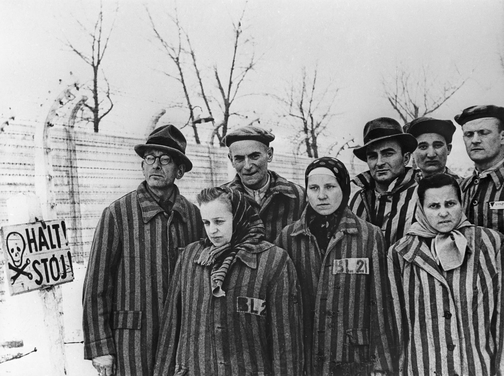 Prisoners gather a couple of days before the camp's liberation.