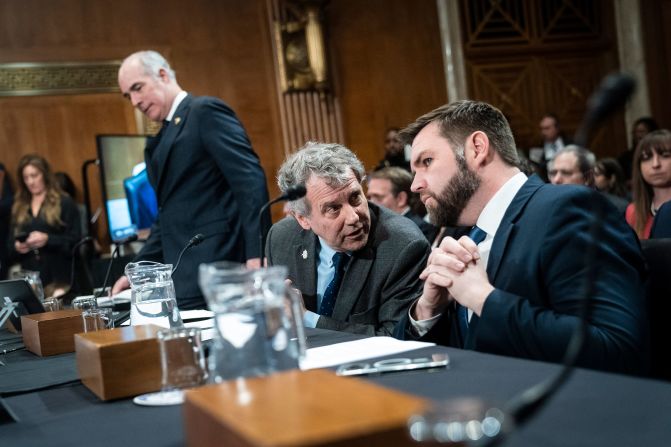 Vance and fellow Ohio Sen. Sherrod Brown arrive for a Senate hearing about the East Palestine train derailment in March 2023. “I think the most important message to the people of East Palestine is that we will not forget about them in the months and years to come, and I think this committee hearing reinforces that message,” <a href="https://www.cnn.com/2023/03/09/politics/takeaways-ohio-train-derailment-senate-hearing/index.html">Vance said in his testimony</a>.