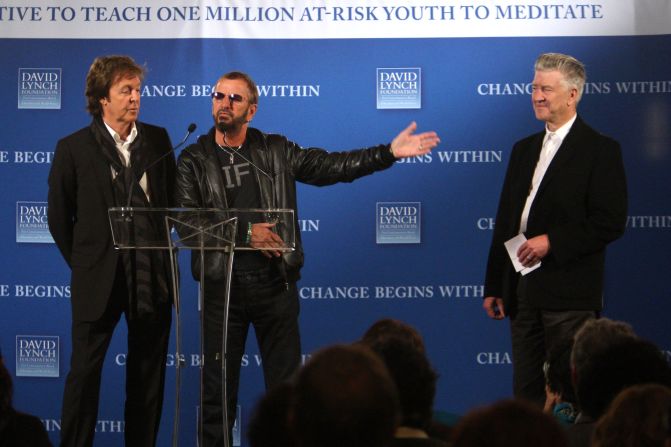 From left, Paul McCartney, Ringo Starr and Lynch attend a news conference for the David Lynch Foundation's "Change Begins Within" benefit concert in New York in 2009.