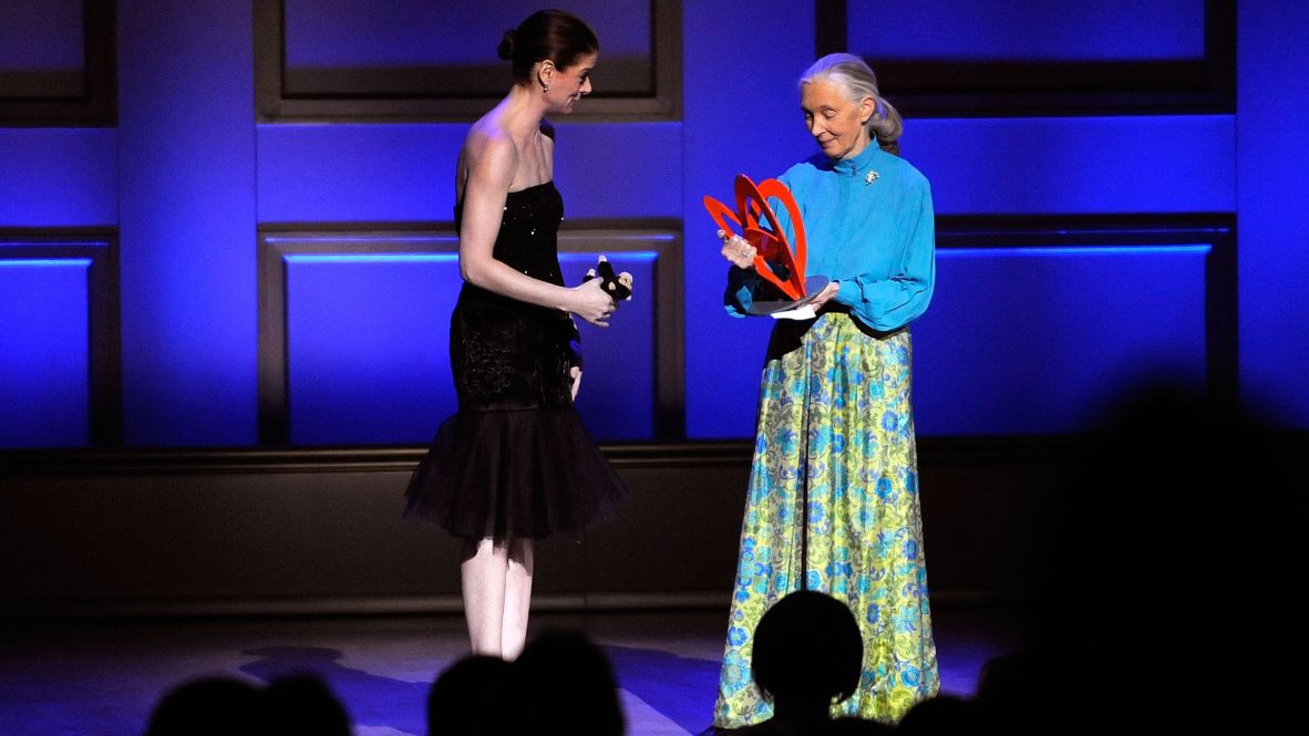 Goodall appears on stage with actress Debra Messing at Glamour magazine's Women of the Year Awards in 2008.