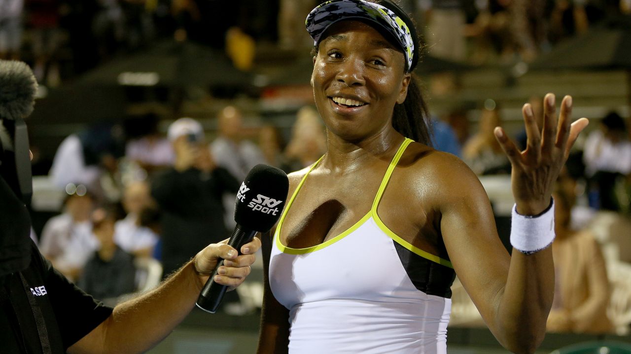 Venus Williams is interviewed after winning her singles match against Victoria Azarenka of Belarus during the ASB Classic in Auckland.