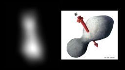 At left is a composite of two images taken by New Horizons' high-resolution Long-Range Reconnaissance Imager (LORRI), which provides the best indication of Ultima Thule's size and shape so far. Preliminary measurements of this Kuiper Belt object suggest it is approximately 20 miles long by 10 miles wide (32 kilometers by 16 kilometers). An artist's impression at right illustrates one possible appearance of Ultima Thule, based on the actual image at left. The direction of Ultima's spin axis is indicated by the arrows.