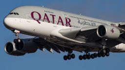 A Qatar Airways Airbus A380 lands at Heathrow Airport in London, UK.