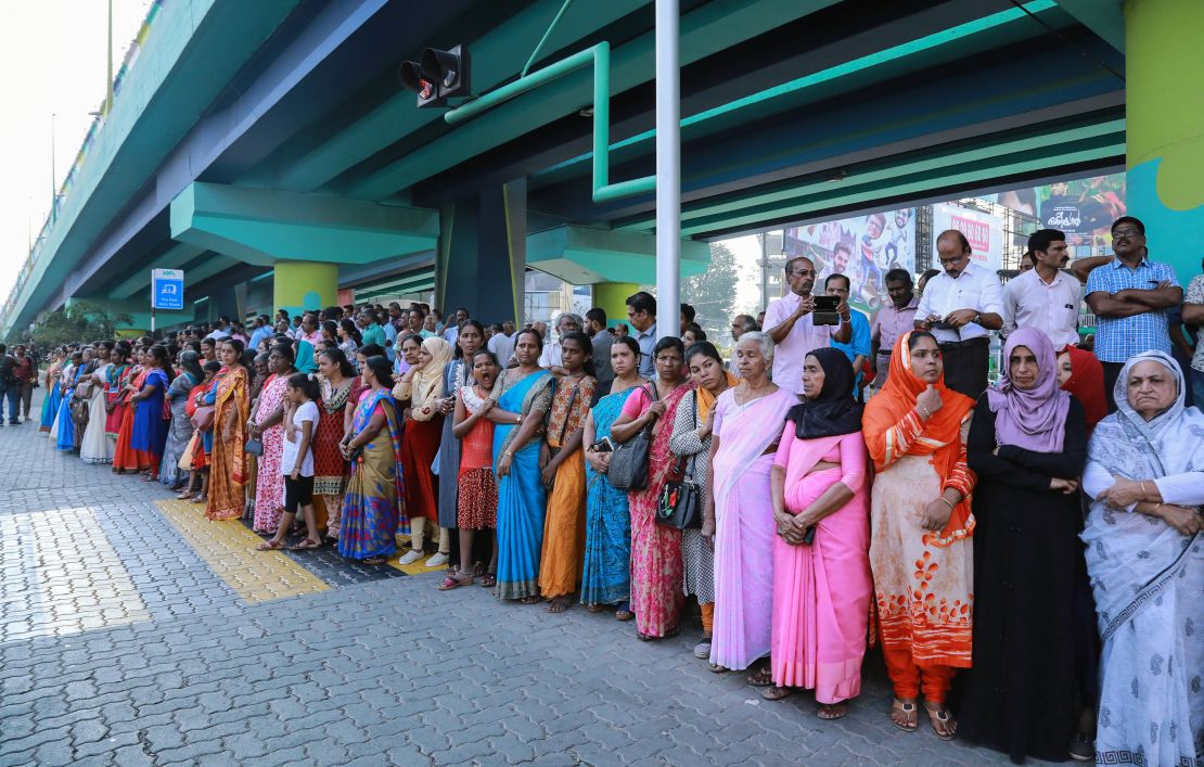 Indian women form a "women's wall" protest in Kochi in southern Kerala state on January 1, 2019. 