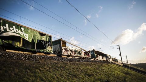 A damaged freight train at the Great Belt Bridge on Wednesday.