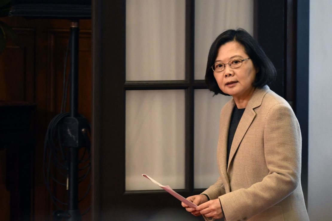 Taiwan's President Tsai Ing-wen arrives for a press conference at the Presidential Palace after the national flag raising ceremony in Taipei on January 1, 2019.