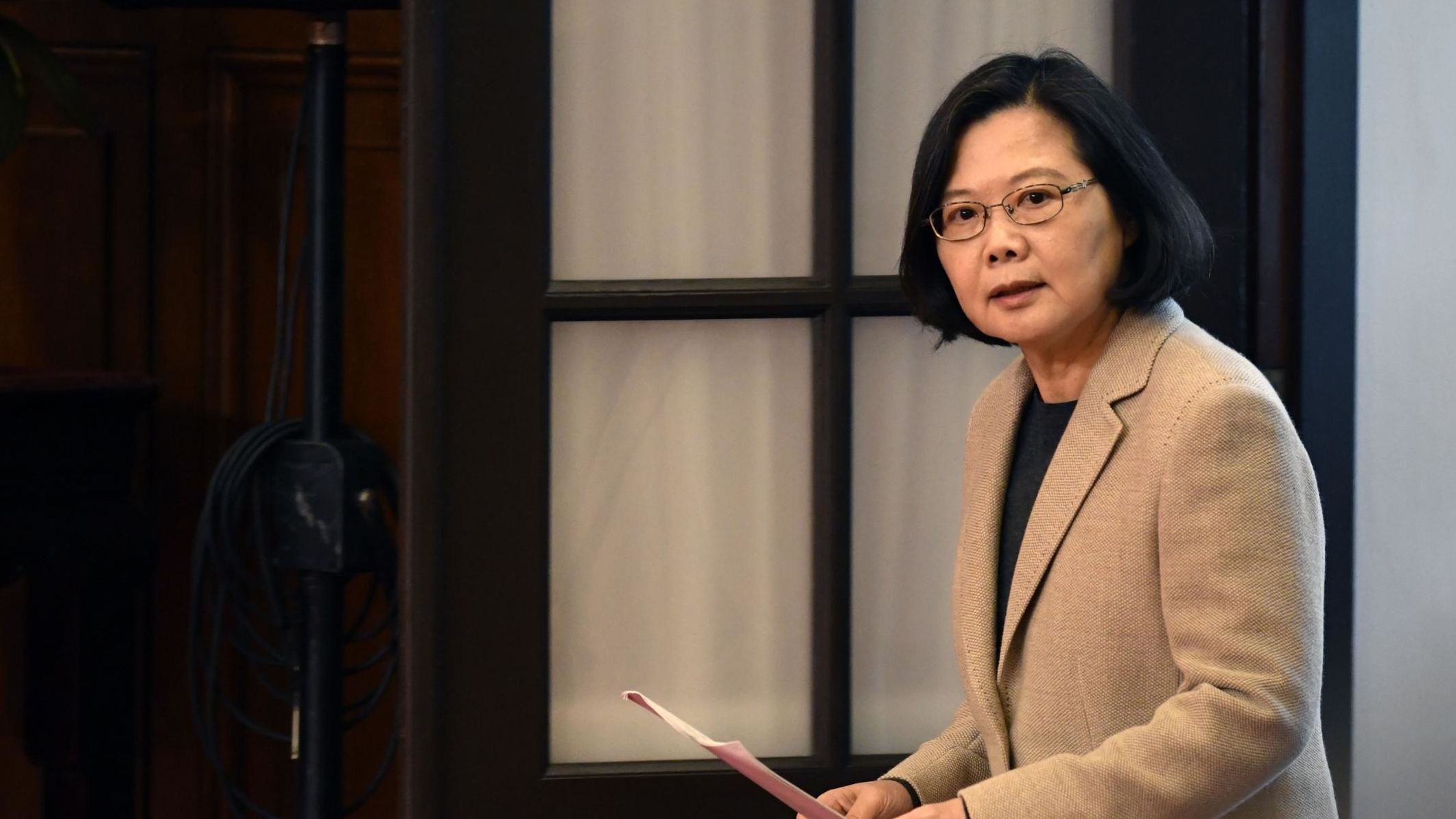 Taiwan's President Tsai Ing-wen arrives for a press conference at the Presidential Palace after the national flag raising ceremony in Taipei on January 1, 2019.