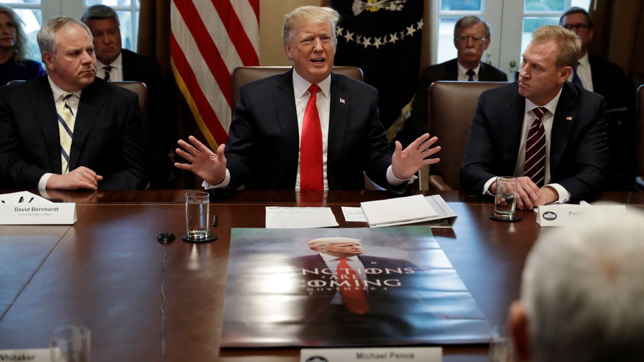 President Donald Trump speaks during a cabinet meeting at the White House, Wednesday, Jan. 2, 2019, in Washington.  David Bernhardt, Acting Secretary of Interior is left and Patrick Shanahan, Acting Secretary of Defense is right. (AP Photo/Evan Vucci)