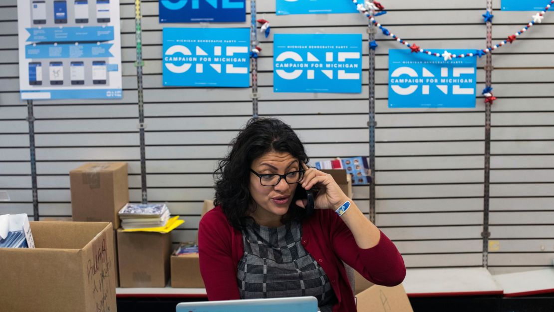 Rashida Tlaib makes calls during a get out the vote effort at a campaign office in Dearborn, Michigan, on October 5, 2018.