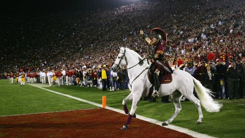 The USC Trojans horse mascot Traveler rides on the field during a game on November 25, 2006.