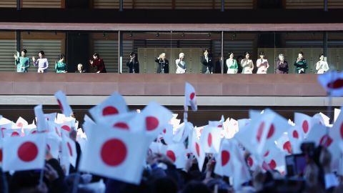 Members of the royal family wave to the crowd during the New Year's greeting ceremony at the Imperial Palace in Tokyo in January 2019.