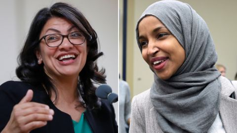 Reps.-elect Rashida Tlaib of Michigan (at left) and Ilhan Omar (at right) of Minneosta are pictured. 