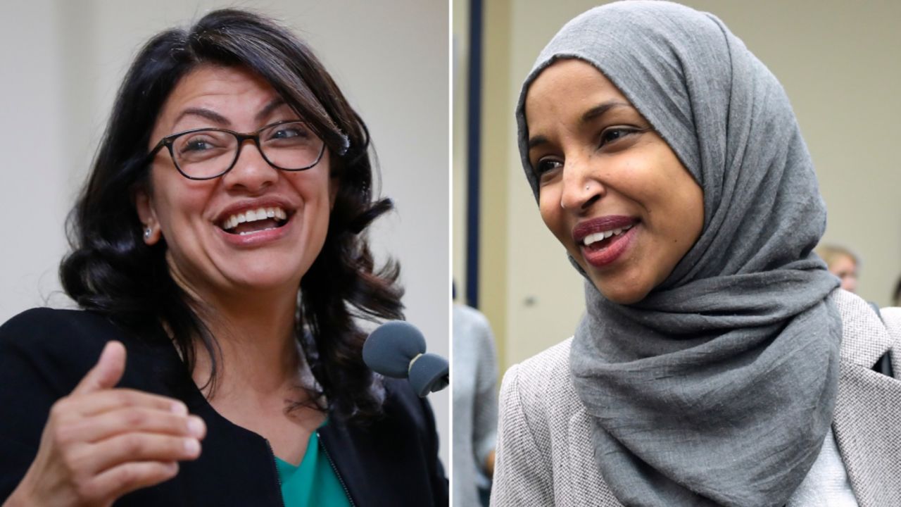 Reps.-elect Rashida Tlaib of Michigan (at left) and Ilhan Omar (at right) of Minneosta are pictured.