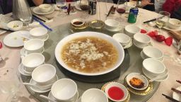Shark fin soup being served at a birthday banquet in Hong Kong