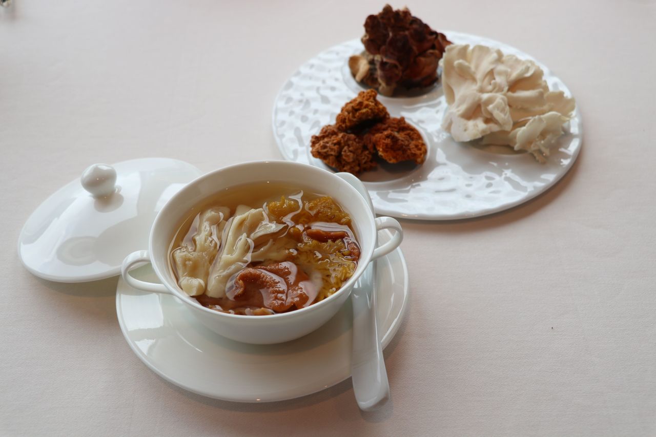 A replacement for shark fin soup from the Four Seasons: double-boiled maitake mushroom soup.
