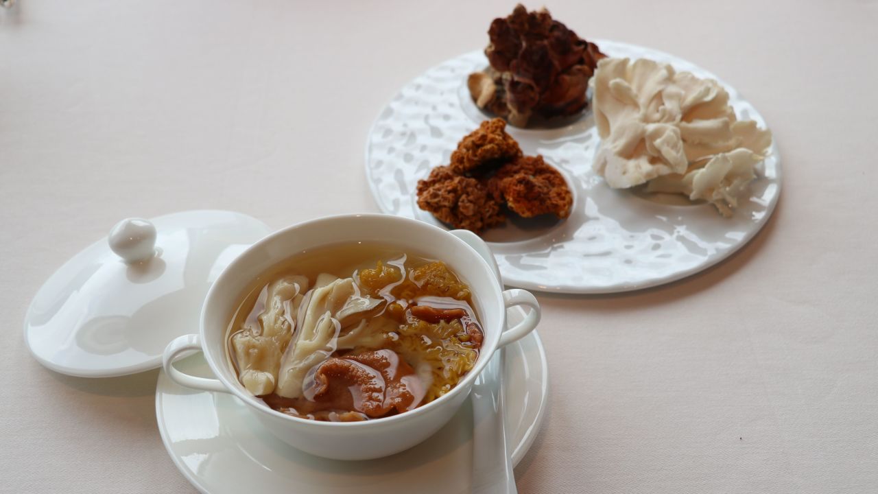 A replacement for Shark Fin Soup from Four Seasons, Double Boiled Maitake Mushroom soup. 