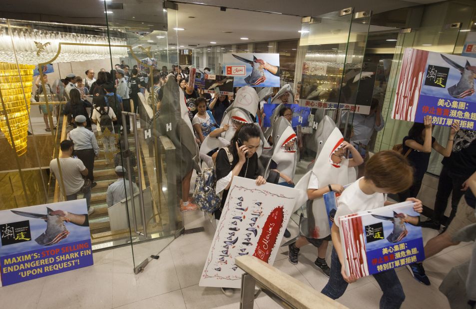 Protests against shark fin at the popular Hong Kong restaurant chain Maxim's.