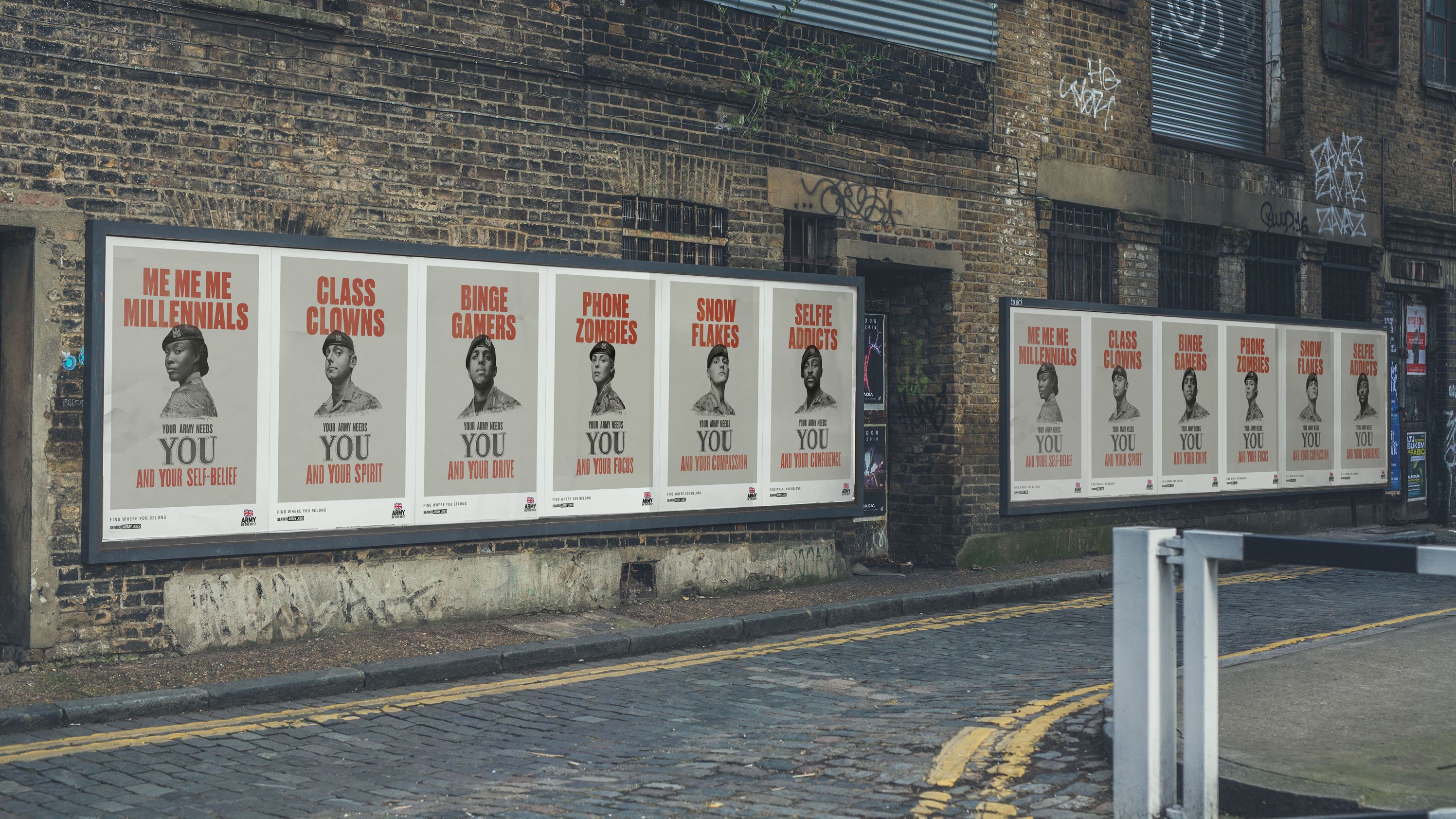 The British Army campaign features posters of soldiers with stereotype labels.