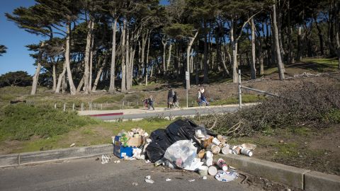 Garbage piles up Wednesday at Golden Gate National Recreation Park in San Francisco.