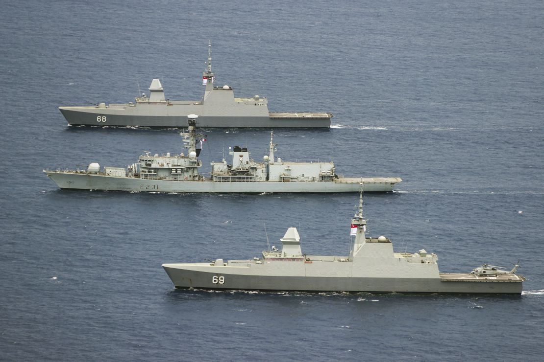 The British frigate HMS Argyll (center) in October takes part in Exercise Bersama Lima 2018, which also included vessels from the Malaysian, Singapore, Australian and New Zealand navies.