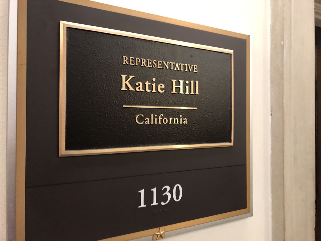 The nameplate for Rep. Katie Hill outside her office on Capitol Hill. 