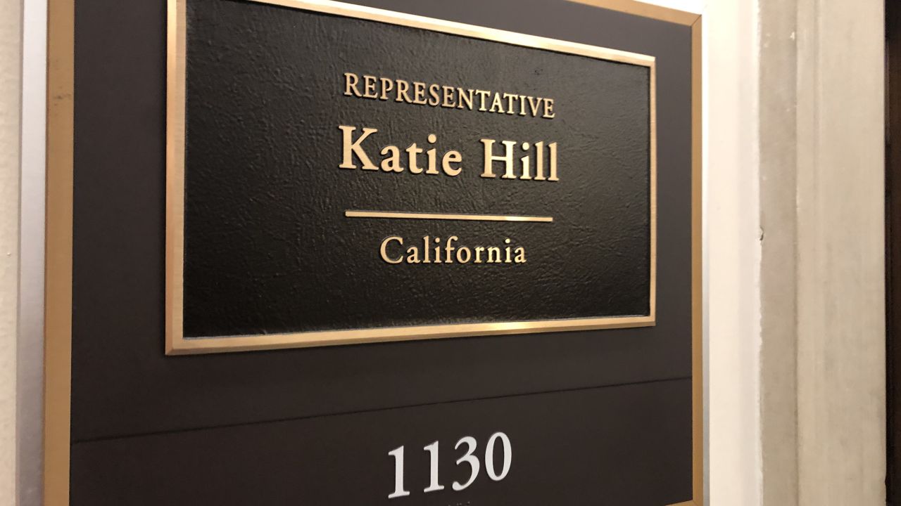 The nameplate for Rep. Katie Hill outside her office on Capitol Hill. 