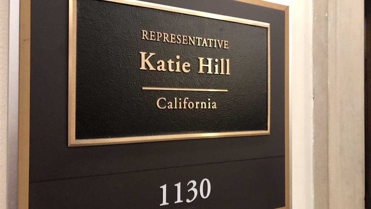The nameplate for Rep. Katie Hill outside her office on Capitol Hill.