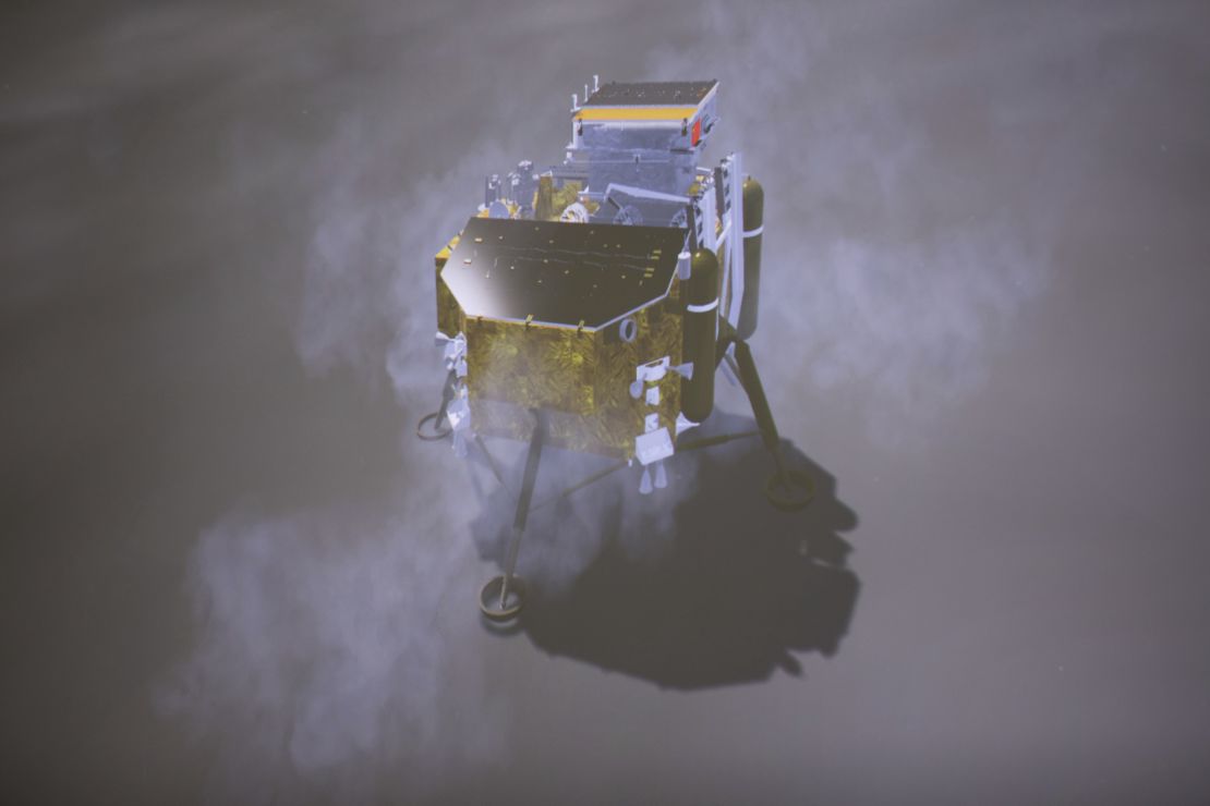 A simulated landing process of the probe is seen through the monitor at Beijing Aerospace Control Center in Beijing.