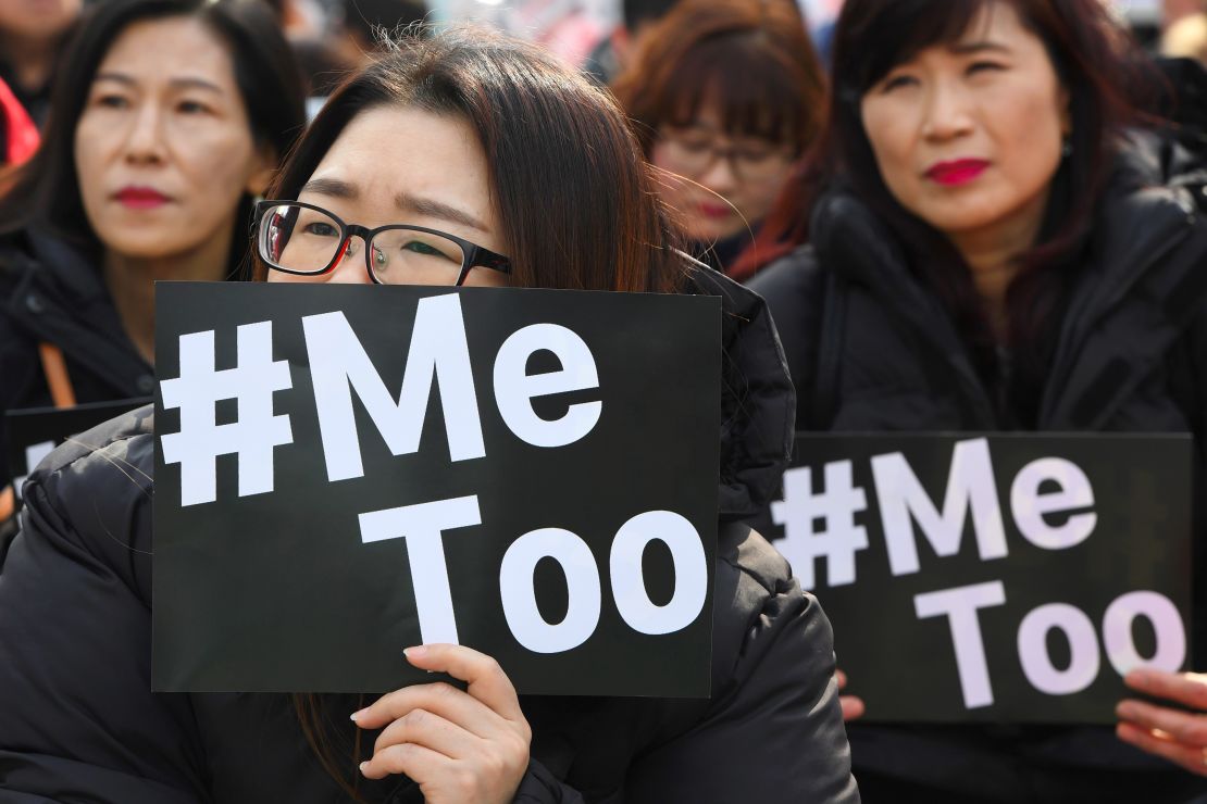 South Korean demonstrators hold banners during a rally to mark International Women's Day as part of the country's #MeToo movement in Seoul on March 8, 2018.
