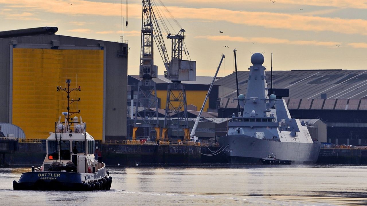 The British Type 45 destroyer HMS Duncan is shown at a Glasgow shipyard in 2015. One in every 200 UK jobs is defense related, the Defense Ministry says.