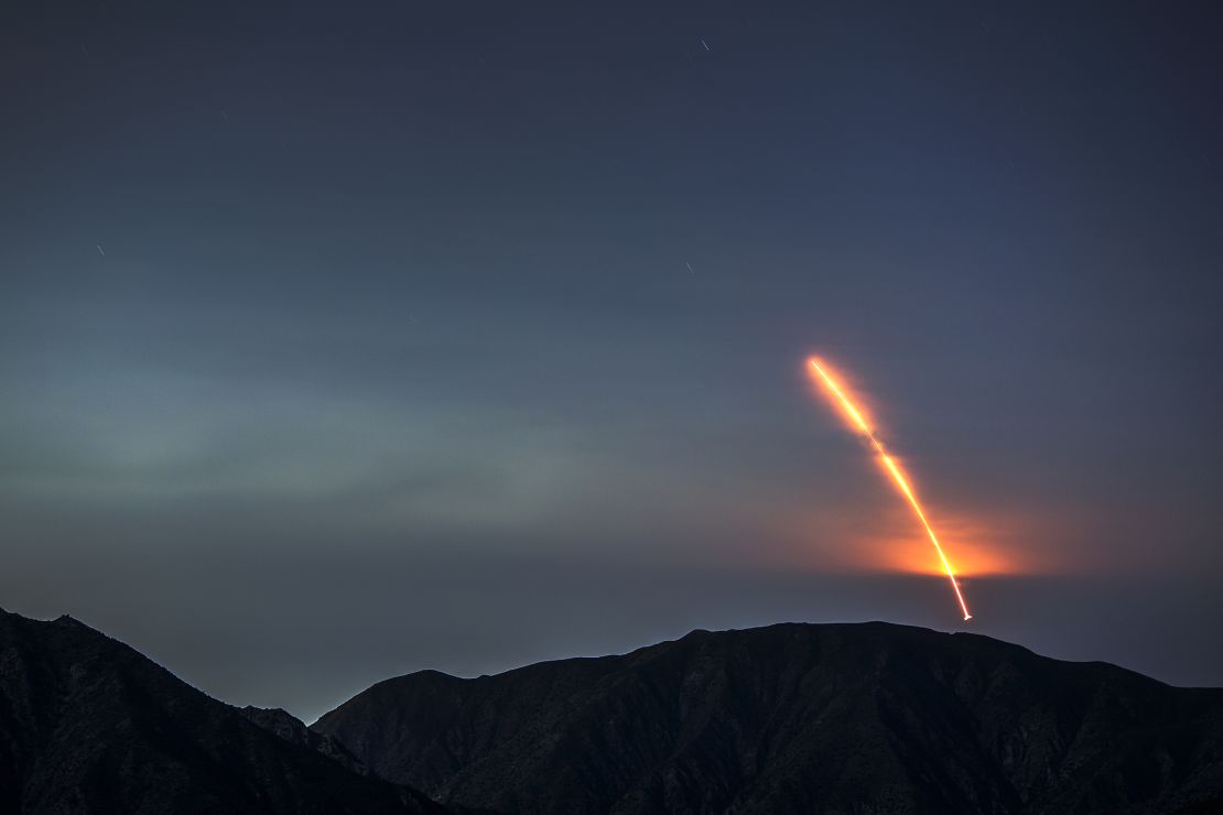 The Atlas 5 rocket carrying the Mars InSight probe launches from Vandenberg Air Force Base, as seen from the San Gabriel Mountains more than 100 miles away, on May 5, 2018.