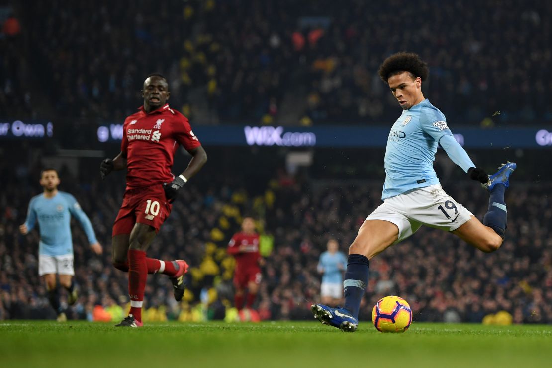 Leroy Sane scores his side's second goal in the 2-1 win over Liverpool at the Etihad.