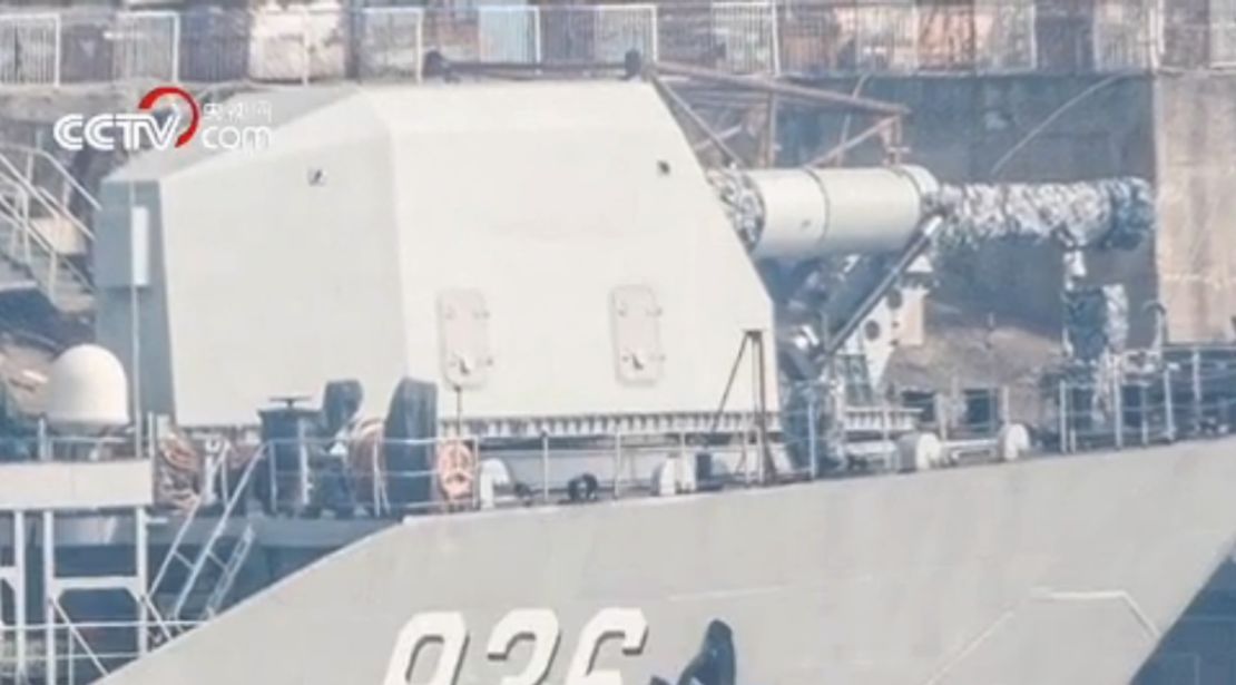 A screengrab from China state media CCTV purports to show railgun technology on a PLA Navy landing ship.